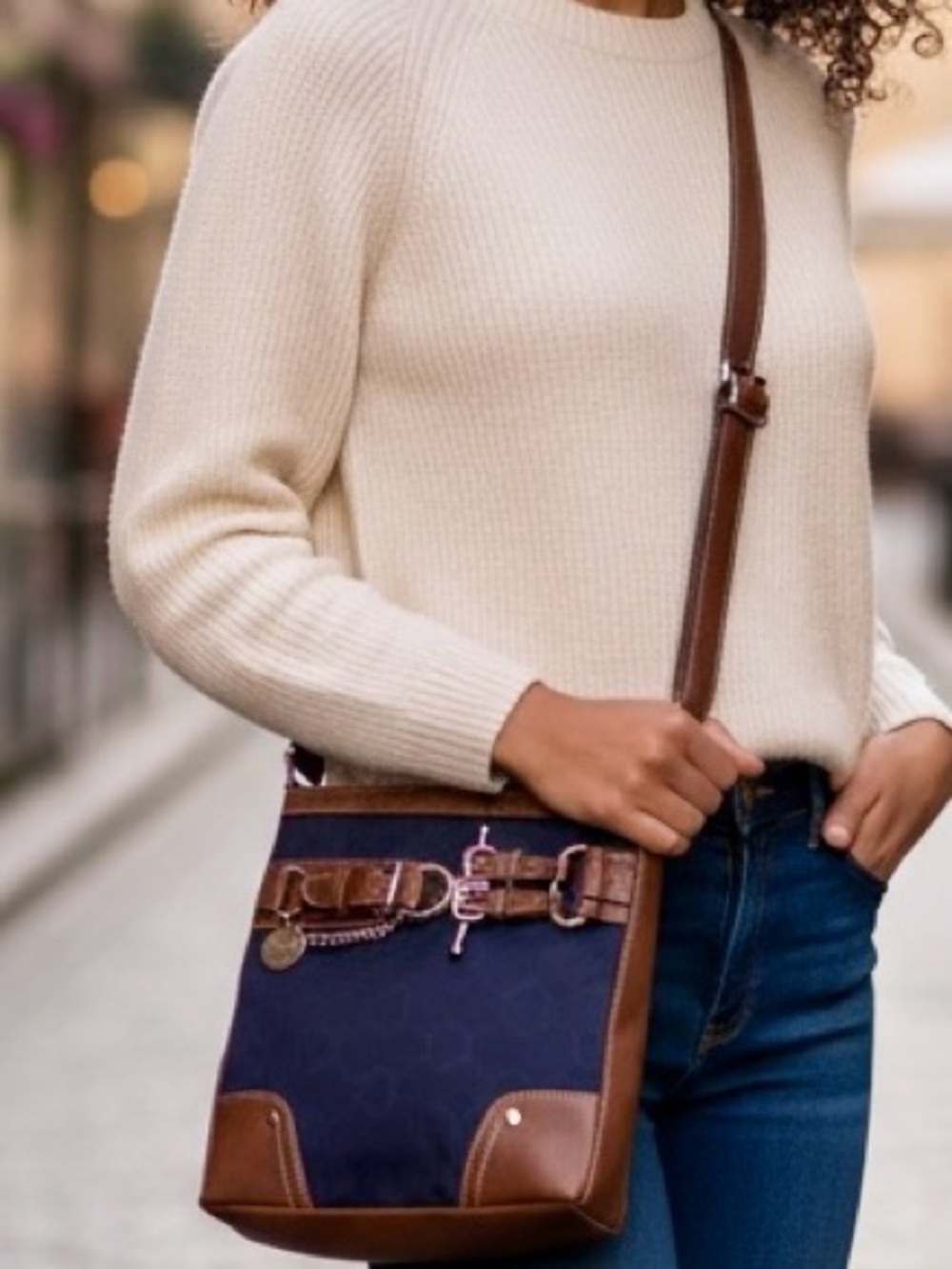 Chaps Navy and Brown Signature Crossbody Messenger Bag